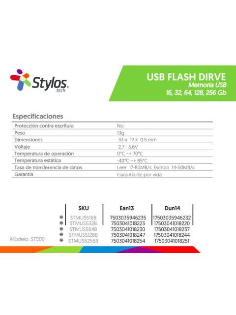 MEMORIA USB STYLOS ST500 16GB USB 2.0 PLATA