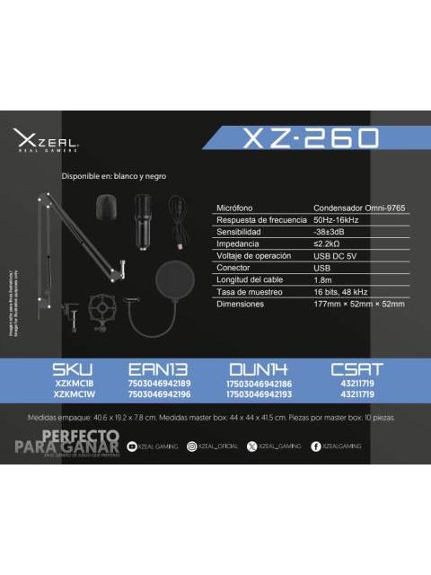 XZEAL KIT MICROFONO XZ-260 ALAMBRICO USB BLANCO - INCLUYE SOPORTE DE BRAZO Y FILTRO ANTI-POP
