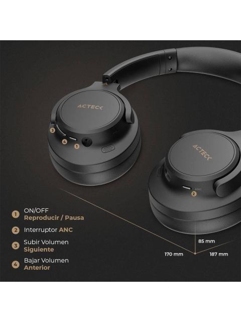 AUDIFONOS INALAMBRICOS BLUETOOTH HYPE EPIC HP750 ACTECK ELITE SERIES CANCELACION DE RUIDO ACTIVO HIBRIDO DURACION DE BATERIA HASTA 75H