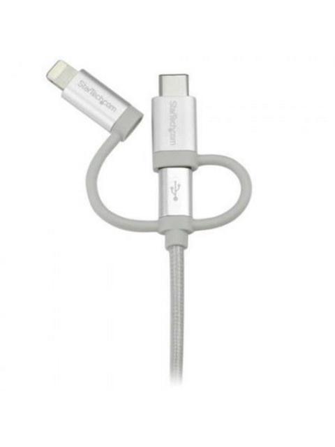 STARTECH  CABLE DE CARGA CERTIFICADO MFI LIGHTNING-USB-C-MICRO USB MACHO - USB A MACHO 1 METRO PLATA PARA IPOD-IPHONE-IPAD