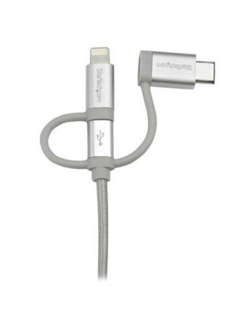 STARTECH  CABLE DE CARGA CERTIFICADO MFI LIGHTNING-USB-C-MICRO USB MACHO - USB A MACHO 1 METRO PLATA PARA IPOD-IPHONE-IPAD
