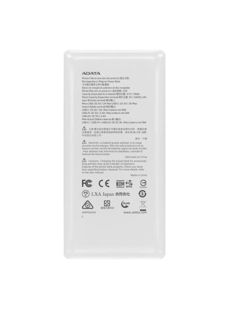 CARGADOR PORTATIL ADATA POWER BANK C20 20.000MAH BLANCO