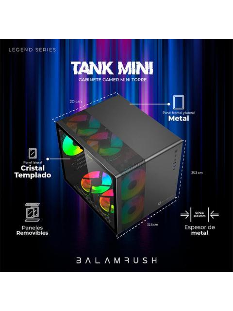 GABINETE BALAM RUSH TANK MINI GI930 CON VENTANA MINI-TOWER ITX-MINI-ATX USB 3.0-C SIN FUENTE 3 VENTILADORES ARGB INSTALADOS NEGRO