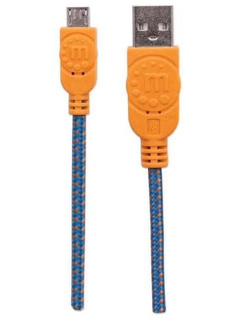 MANHATTAN CABLE CON RECUBRIMIENTO TEXTIL USB 2.0 A MACHO - MICRO USB 2.0 B MACHO 1 METRO AZUL-NARANJA