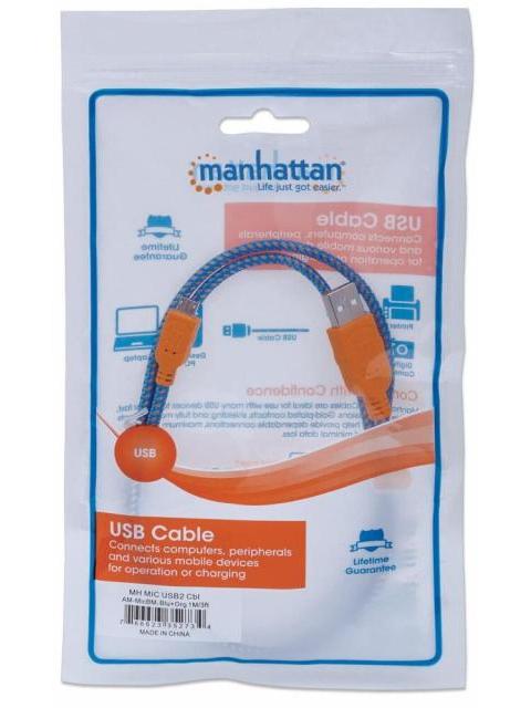 MANHATTAN CABLE CON RECUBRIMIENTO TEXTIL USB 2.0 A MACHO - MICRO USB 2.0 B MACHO 1 METRO AZUL-NARANJA