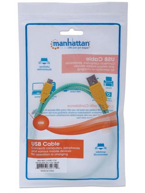 MANHATTAN CABLE CON RECUBRIMIENTO TEXTIL USB 2.0 A MACHO - MICRO USB 2.0 B MACHO 1 METRO TURQUESA-AMARILLO