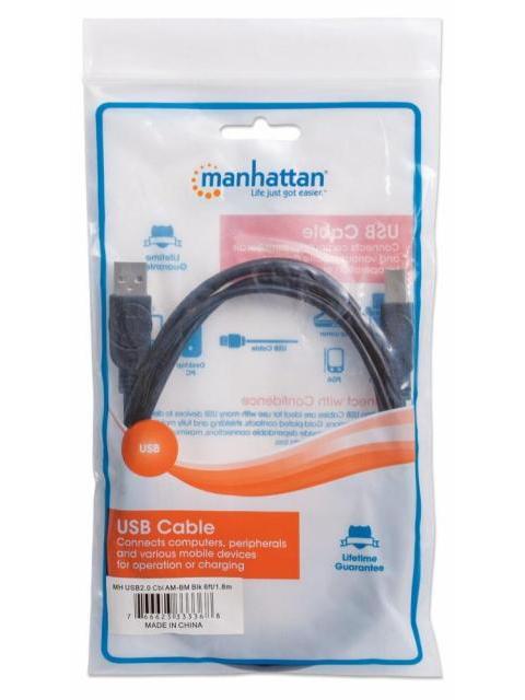 MANHATTAN CABLE PARA DISPOSITIVOS USB DE ALTA VELOCIDAD USB 2.0 A MACHO - USB 2.0 B MACHO 1.8 METROS NEGRO