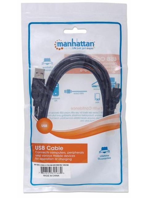 MANHATTAN CABLE USB DE ALTA VELOCIDAD USB 2.0 A MACHO - MICRO USB 2.0 B MACHO 3 METROS NEGRO