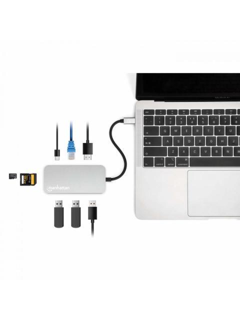 MANHATTAN DOCKING STATION 130615 USB C 3X USB 1X USB C 1X HDMI 1X RJ-45 1X SD 1X MICRO SD GRIS