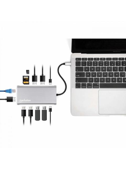 MANHATTAN DOCKING STATION 130660 USB C 4X USB 2X USB C 3X HDMI 1X RJ-45 1X SD 1X MICRO SD GRIS