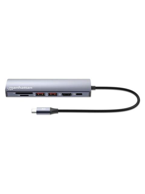 MANHATTAN HUB USB-C MACHO - 2X USB-A 1X USB-C 1X HDMI 1X RJ-45 1X SD 1X MICRO SD GRIS
