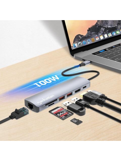 MANHATTAN HUB USB-C MACHO - 2X USB-A 1X USB-C 1X HDMI 1X RJ-45 1X SD 1X MICRO SD GRIS