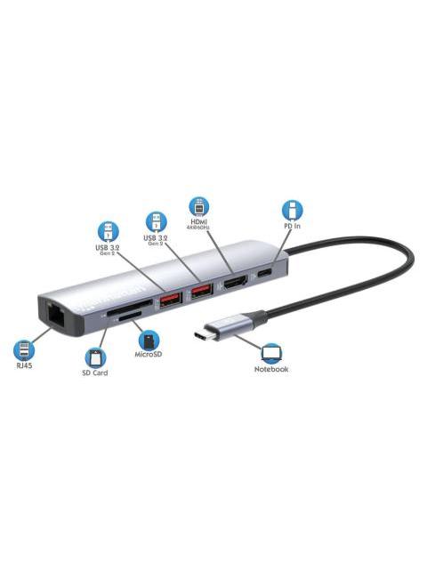 MANHATTAN HUB USB-C MACHO - 2X USB-A 1X USB-C 1X HDMI 1X RJ-45 1X SD 1X MICRO SD GRIS