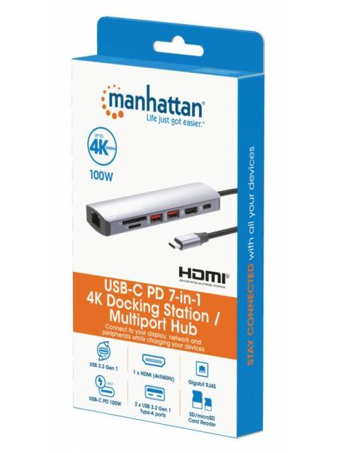MANHATTAN HUB USB-C MACHO - 2X USB-A 1X USB-C 1X HDMI 1X RJ-45 1X SD 1X MICRO SD GRIS