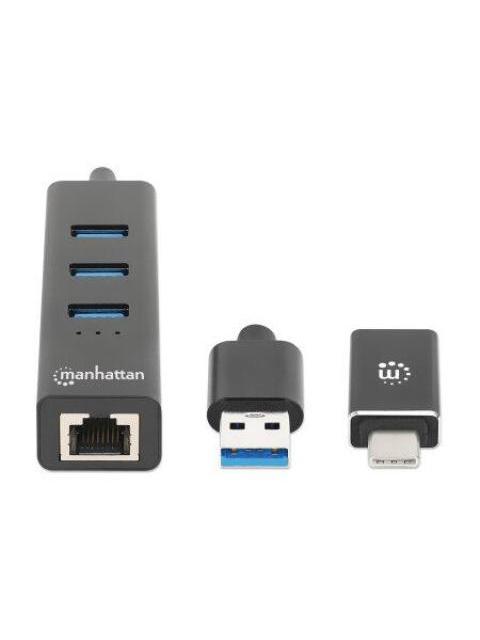 MANHATTAN HUB USB MACHO - 3 PUERTOS USB HEMBRA1X RJ-45 5000MBIT-S NEGRO