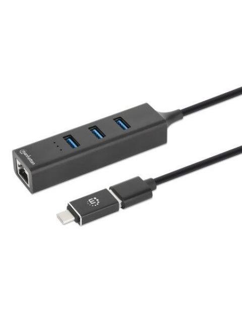 MANHATTAN HUB USB MACHO - 3 PUERTOS USB HEMBRA1X RJ-45 5000MBIT-S NEGRO