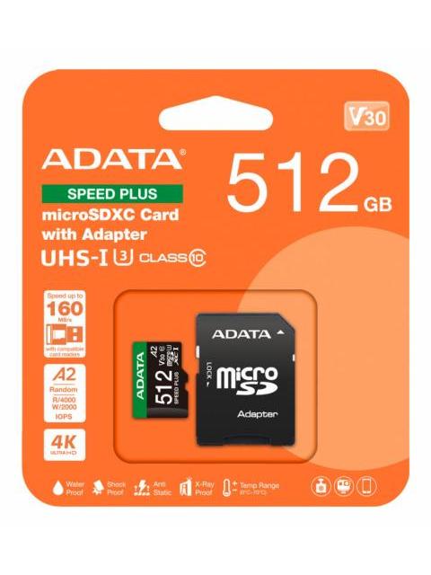 MEMORIA FLASH ADATA SPEED PLUS 512GB MICROSDXC UHS-I CLASE 10 CON ADAPTADOR