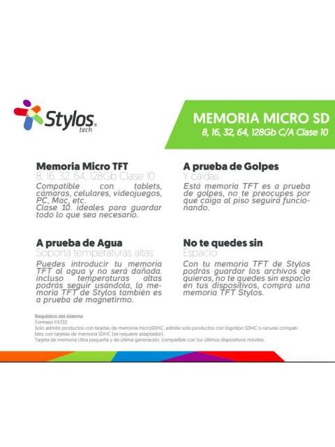 MEMORIA FLASH STYLOS 8GB MICROSD CLASE 4 CON ADAPTADOR