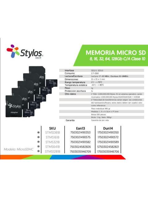 MEMORIA FLASH STYLOS 8GB MICROSD CLASE 4 CON ADAPTADOR