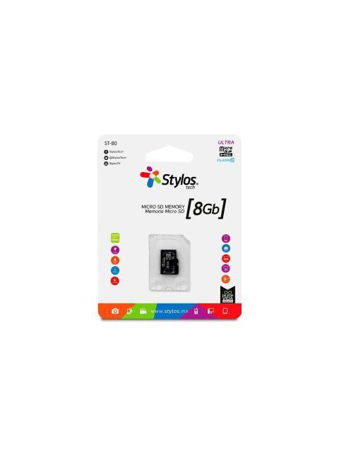 MEMORIA MICRO SD 8GB STYLOS STMSDS1B 8 GB 13MB-S 5 MB-S NEGRO CLASE 10