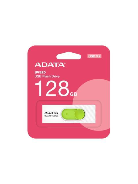 MEMORIA USB ADATA DE 128GB UV320 3.2 (RETRO COMPATIBLE CON 3.0 Y 2.0) DISENO DESLIZANTE SIN TAPA. COLOR BLANCO-VERDE AUV320128GRWHGN