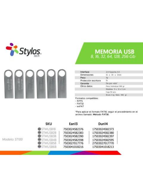 MEMORIA USB STYLOS 8GB USB A LECTURA 80MB-S PLATA