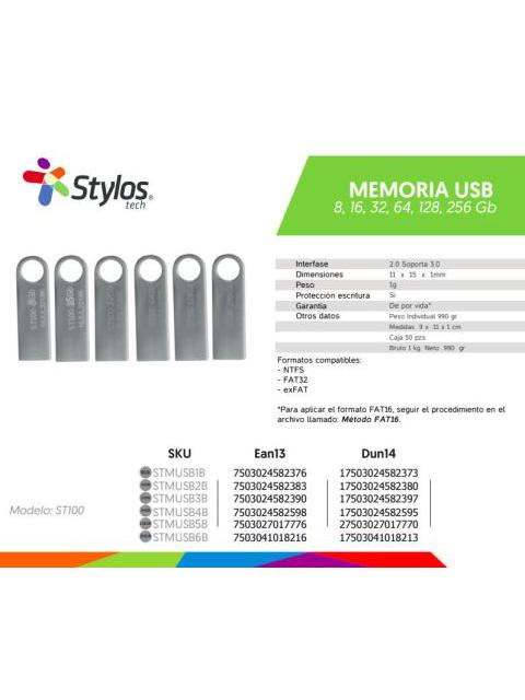 MEMORIA USB STYLOS ST100 256GB USB 2.0 PLATA