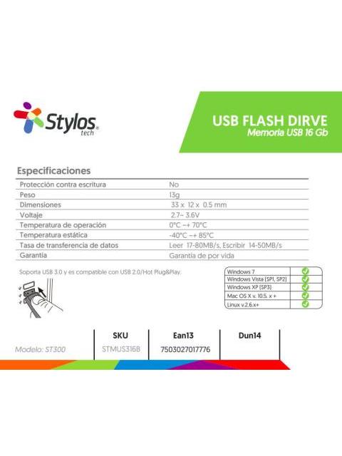 MEMORIA USB STYLOS ST300 16GB USB 2.0 LECTURA 80MB-S GRIS