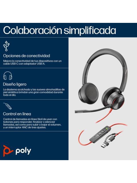 POLY AUDIFONOS CON MICROFONO BLACKWIRE 8225 ALAMBRICO 2.2 METROS USB C NEGRO