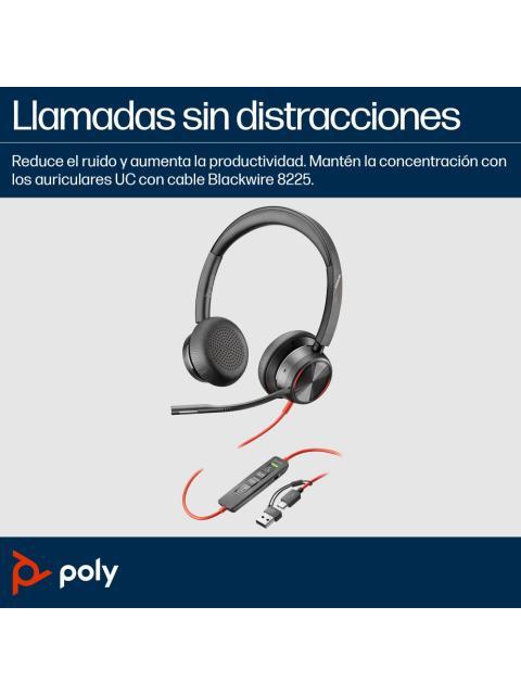 POLY AUDIFONOS CON MICROFONO BLACKWIRE 8225 ALAMBRICO 2.2 METROS USB C NEGRO