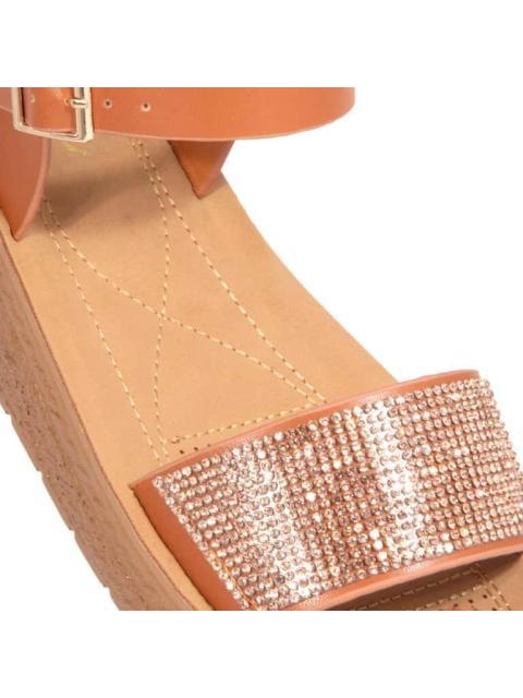 SANDALIA PLANA CON BRILLOS COGNAC VI LINE
