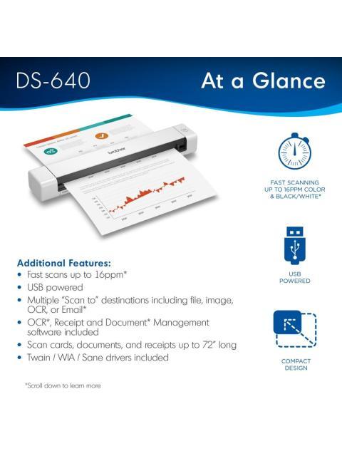 SCANNER PORTATIL BROTHER DS640 1200 X 1200 DPI ESCANER COLOR USB 3.0 NEGRO-BLANCO