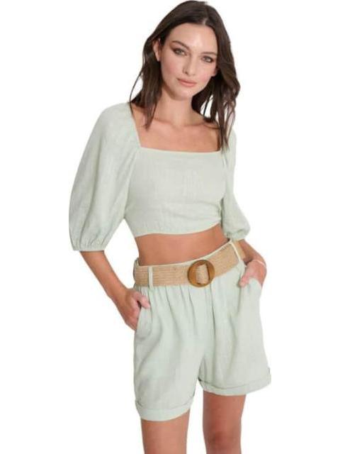 SHORT DE LINO CON CINTURON DE PAJA AZUL MENTA HOLLY LAND