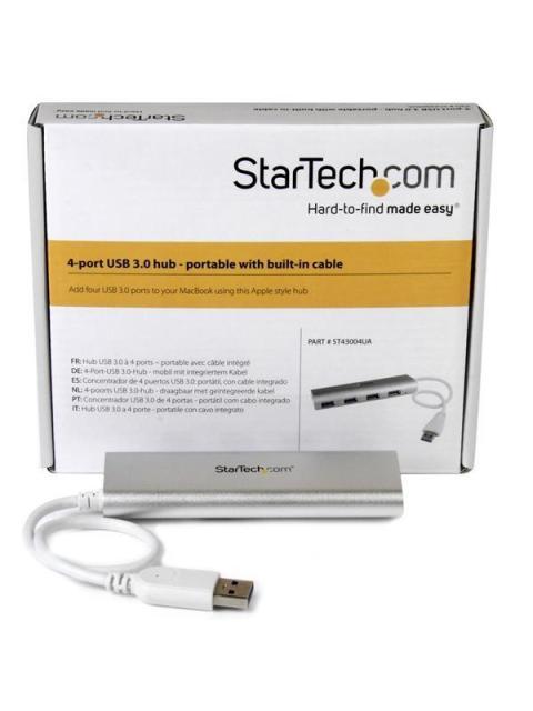 STARTECH  HUB PORTATIL USB A 3.0 DE 4 PUERTOS CON CABLE INCORPORADO PLATA-BLANCO
