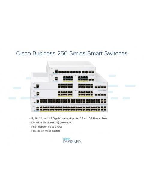SWITCH CISCO GIGABIT ETHERNET BUSINESS 250 8 PUERTOS POE 10-100-1000MBPS + 2 PUERTOS SFP 20 GBIT-S 8000 ENTRADAS - ADMINISTRABLE