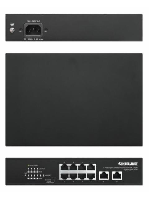 SWITCH INTELLINET GIGABIT ETHERNET 561402 8 PUERTOS POE + 10-100-1000 + 2 PUERTOS UPLINK 120W 2 GBIT-S 8192 ENTRADAS - NO ADMINISTRABLE