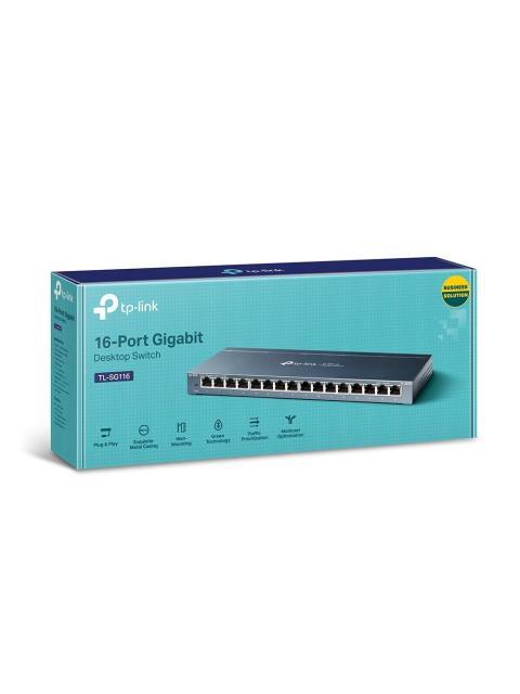 SWITCH TP-LINK GIGABIT ETHERNET TL-SG116 16 PUERTOS ETHERNET 10-100-1000MBPS 32GBIT-S 8000 ENTRADAS - NO ADMINISTRABLE