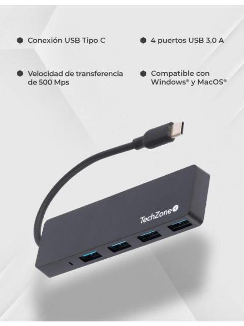 TECHZONE HUB USB-C 3.2 MACHO - 4X USB-A 3.2 500 MBIT-S NEGRO