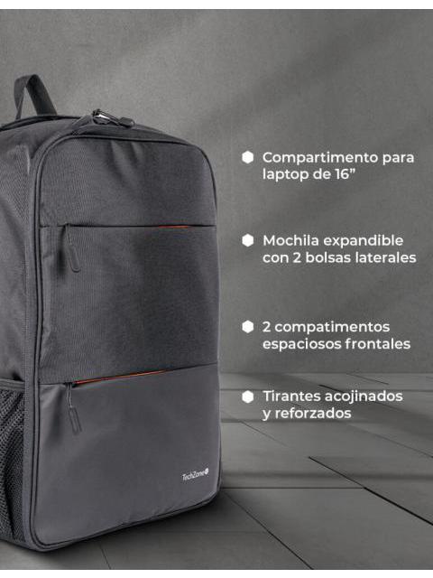 TECHZONE MOCHILA DE POLIESTER EXPAND PARA LAPTOP 16 NEGRO