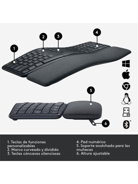 TECLADO LOGITECH ERGO K860 INALAMBRICO RF WIRELESS-BLUETOOTH NEGRO (ESPANOL)