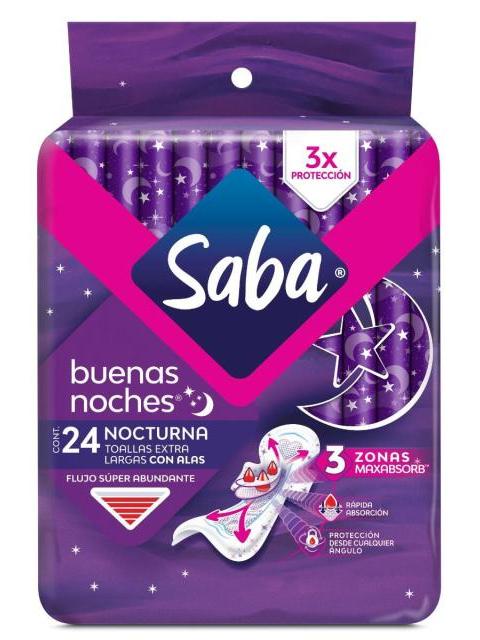 TOALLA FEMENINA SABA BUENAS NOCHES CON ALAS PAQUETE CON 24 PIEZAS