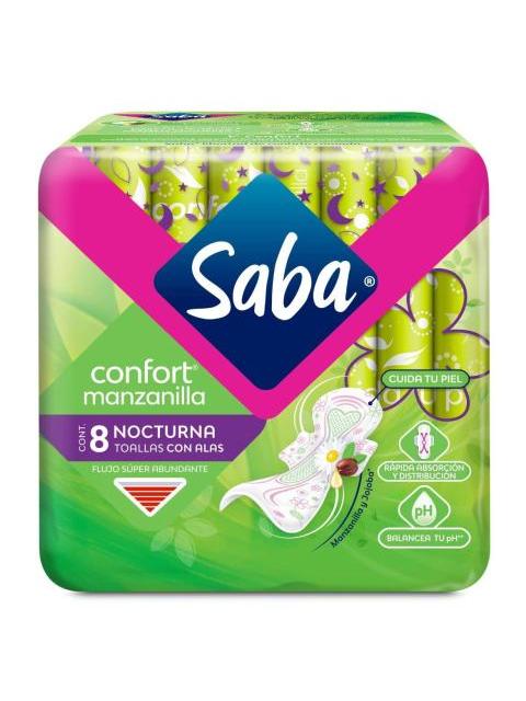 TOALLA FEMENINA SABA CONFORT NOCTURNA CON ALAS PAQUETE CON 8 PIEZAS
